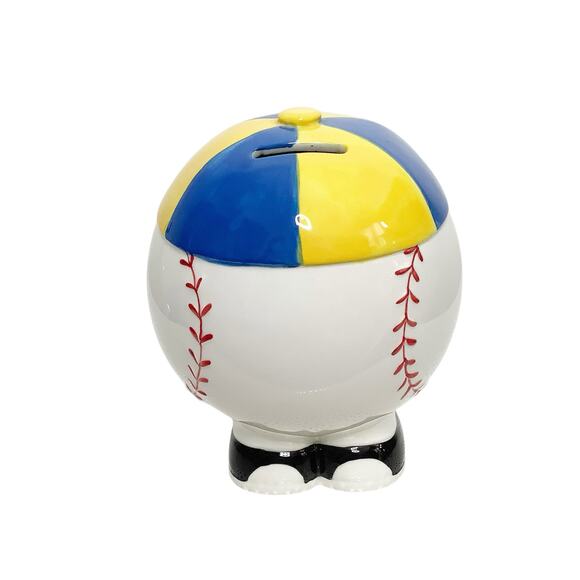 Baseball Ceramic Coin Bank Happy Face Yellow Blue Cap Hat Rubber Stopper - Picture 3 of 8